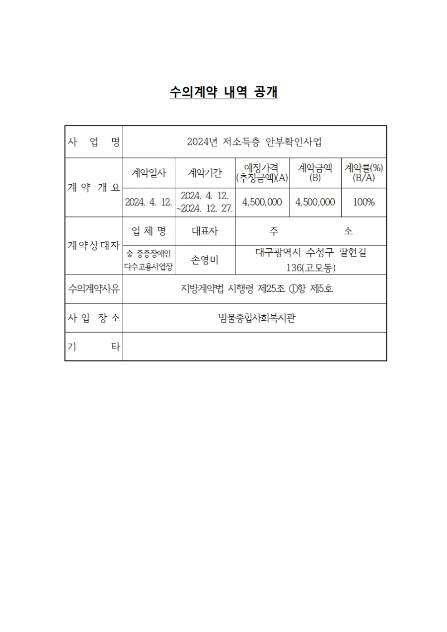 범물종합사회복지관 저소득층안부확인사업 수의계약 내역 공개