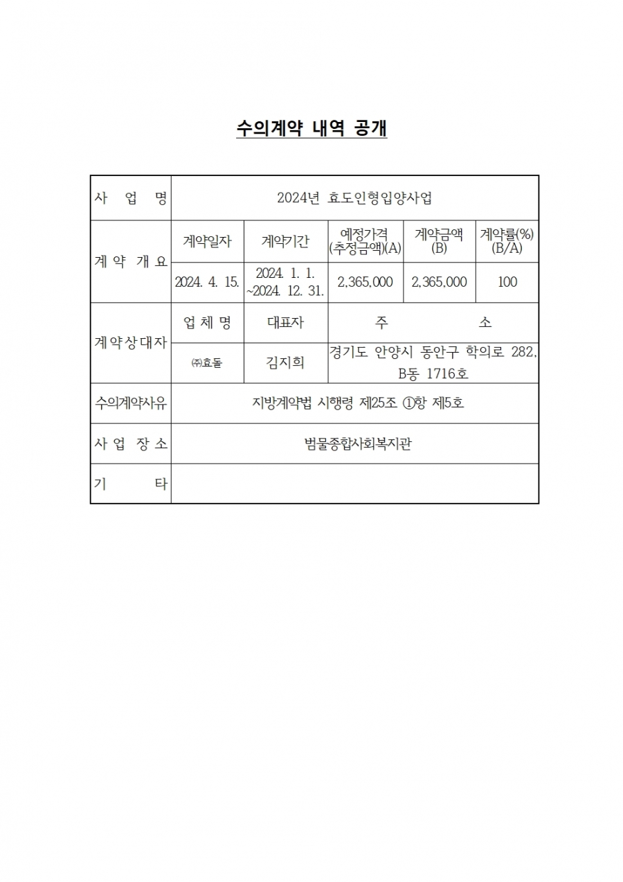 범물종합사회복지관 효도인형입양사업 수의계약 내역 공개