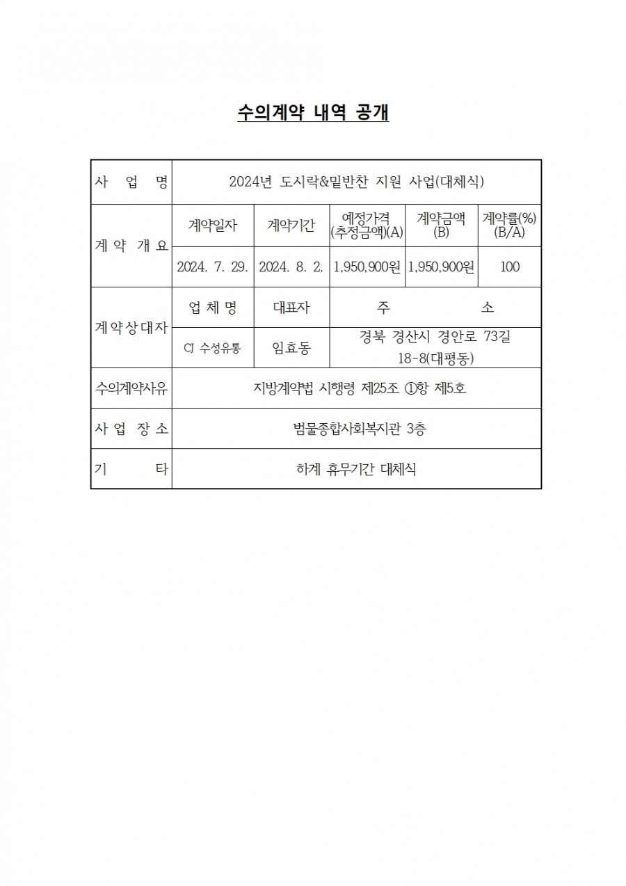 범물종합사회복지관 도시락&밑반찬 지원 사업(대체식) 수의계약 내역 공개