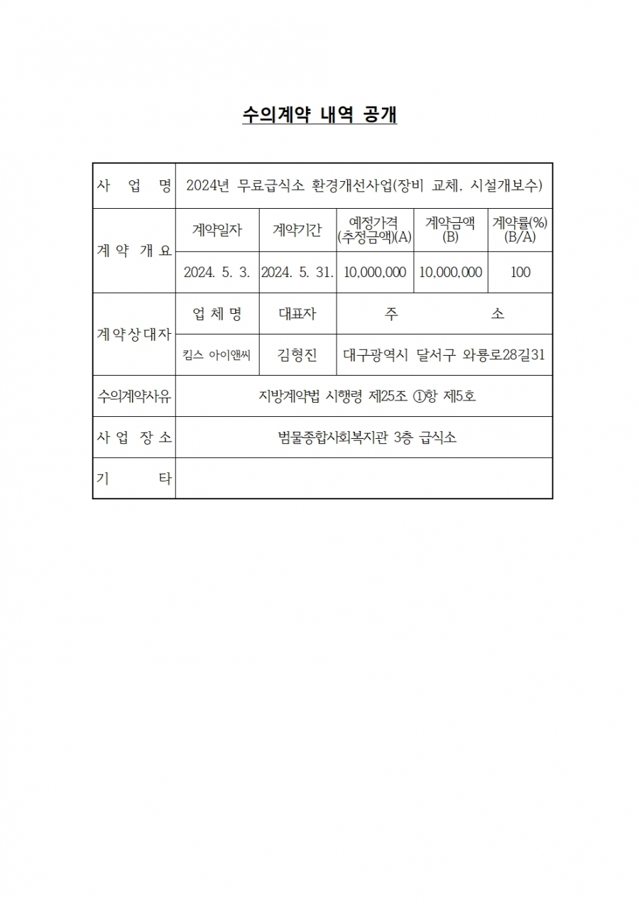 범물종합사회복지관 무료급식소 환경개선사업 수의계약 내역 공개