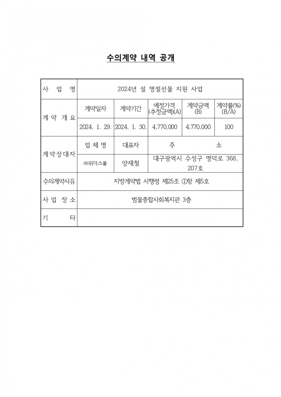 범물종합사회복지관 설 명절선물 지원 사업 수의계약 내역 공개