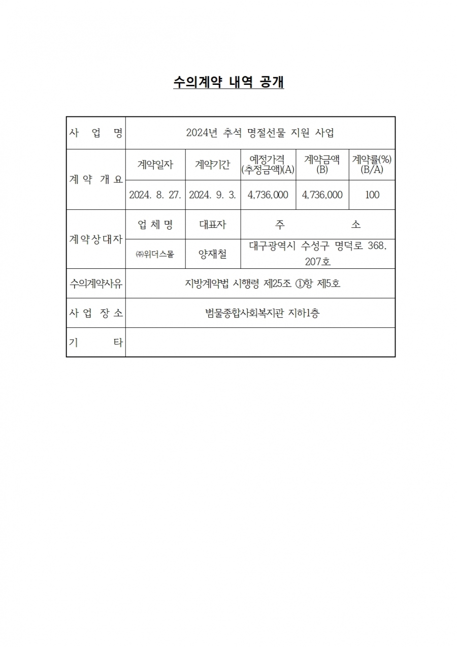 범물종합사회복지관 추석 명절선물 지원 사업 수의계약 내역 공개